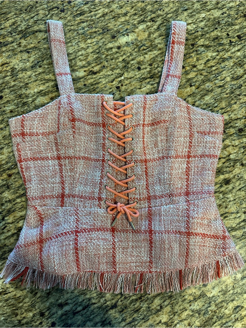 VENUS Peach Plaid Lace-Up Cropped Camisole